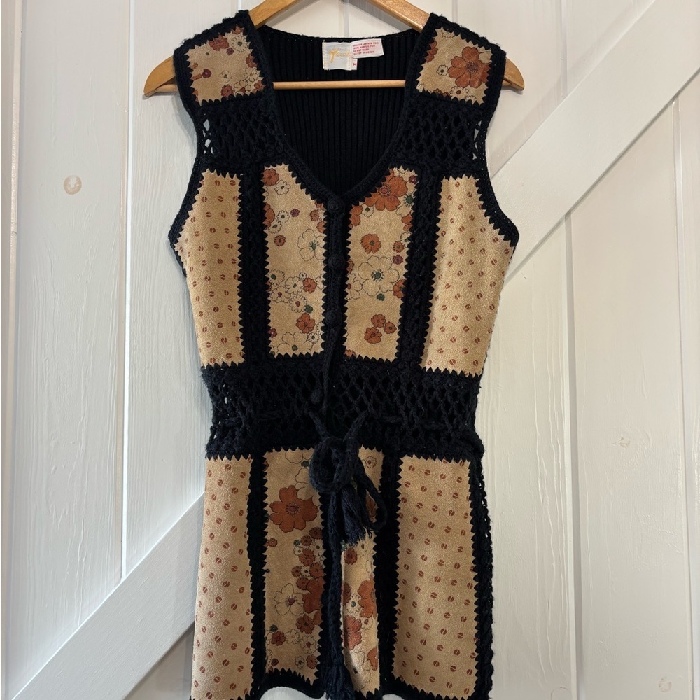 Vintage 70s Tarri Boho Leather Floral Crochet Knit Vest Hippie Folk Festival M - Picture 3 of 12